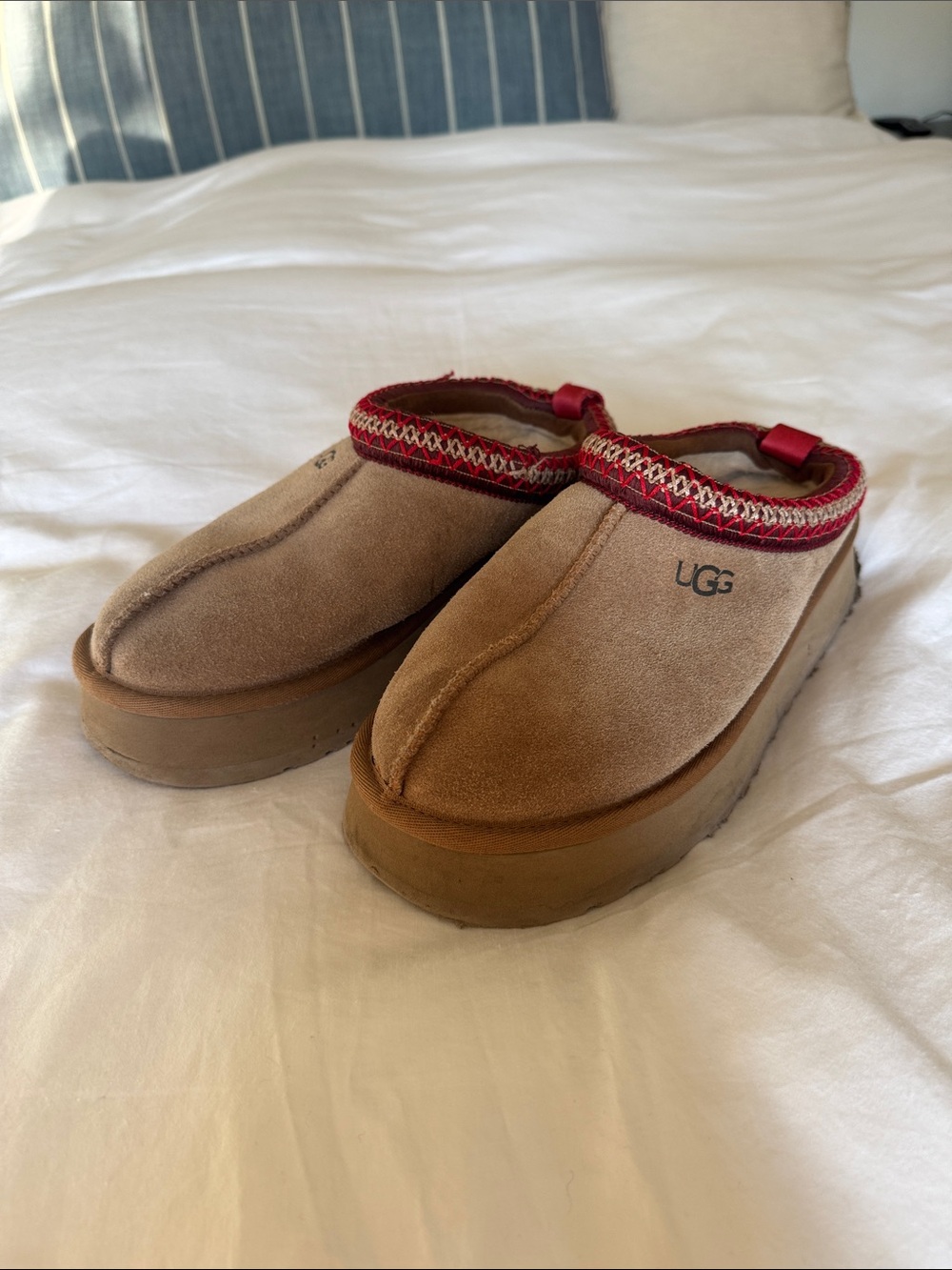 UGG Chestnut Suede Platform Mules with Red Trim